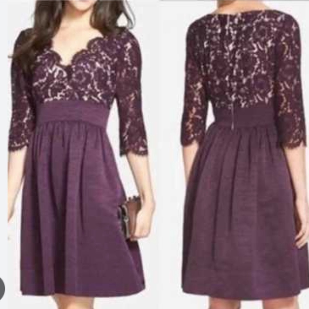 Eliza J Dark Burgundy Lace & Faille V-Neck Romantic Whimsigoth Mini Dress Size 4